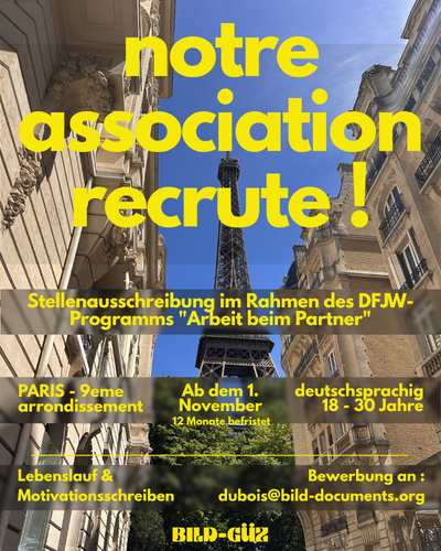 recruitment poster in german announcing the dfjw partner program in paris paris 9e starting 1 november for 12 months for german speaking applicants aged 1830 with cv and motivation letter to duboisbid documentsorg